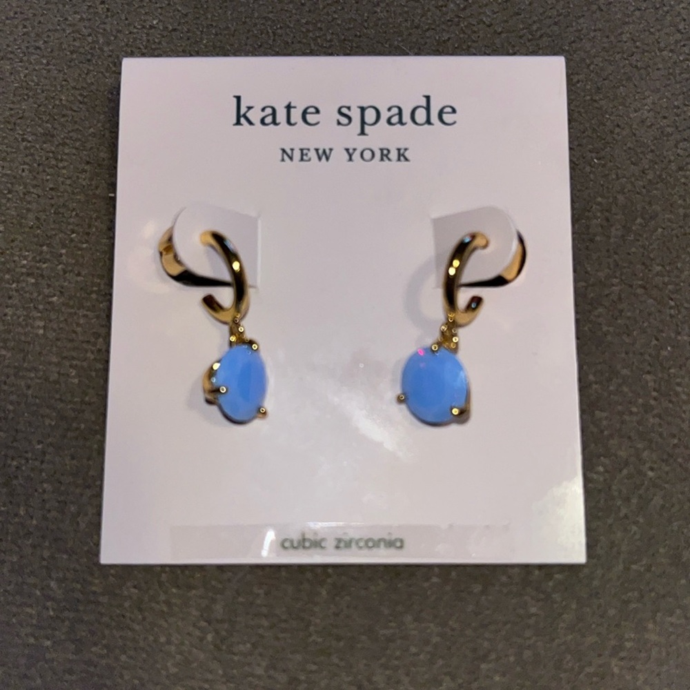 NWT Kate Spade Round brilliant Tri-Prong Huggies Earrings $48 Turquoise Gold